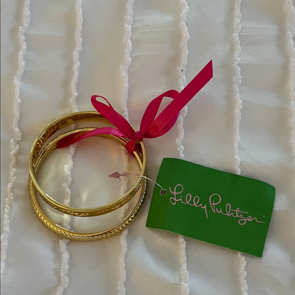 Lilly Pulitzer Gold Bangles with Pink Ribbon Accent